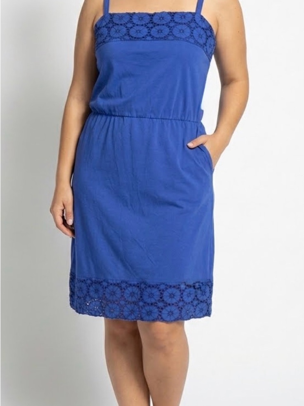 ROXY Blue Jersey Boho Mini Summer Dress Eyelet Lace Trim Size XL Cottagecore